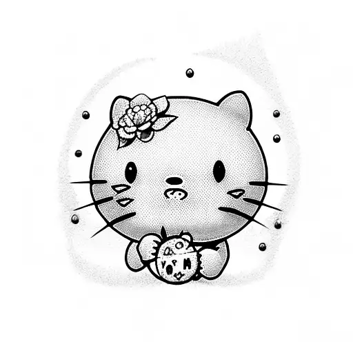 A dotwork illustration of a macabre hello kitty surrounded by strawberries tattoo design idea