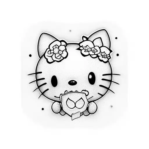 A dotwork illustration of a macabre hello kitty surrounded by strawberries tattoo design idea