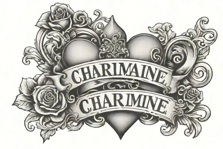 the word 'Charmaine' fancy writing with hearts and a lock tattoo design idea