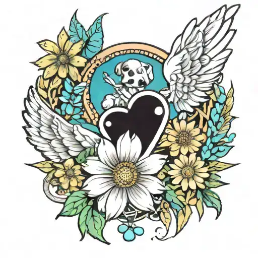 paw print daisys and angel wings  tattoo design idea