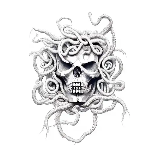 medusa with half a skull face tattoo design idea