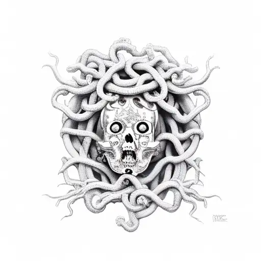 medusa with half a skull face tattoo design idea