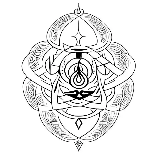 A minimalist tattoo of a divine symbol combining Lord Shiva's trident and Lord Ram's bow, with the mantra 'Om Namah Shivaya' written around it tattoo design idea