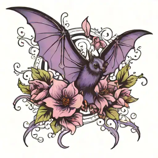 purple bat wings spread facing forward, flowers blooming tattoo design idea