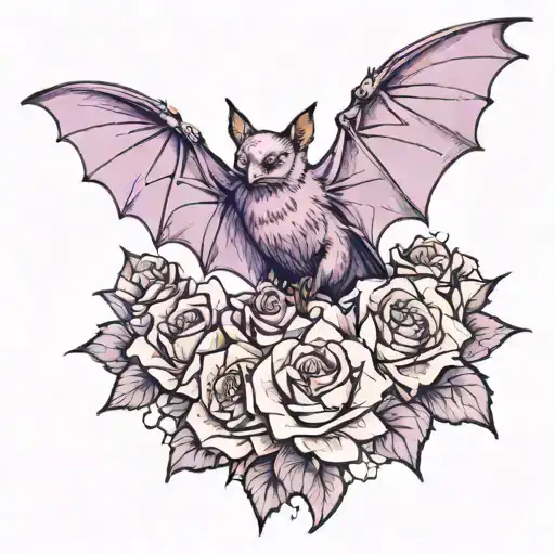 purple bat wings spread facing forward, flowers blooming tattoo design idea