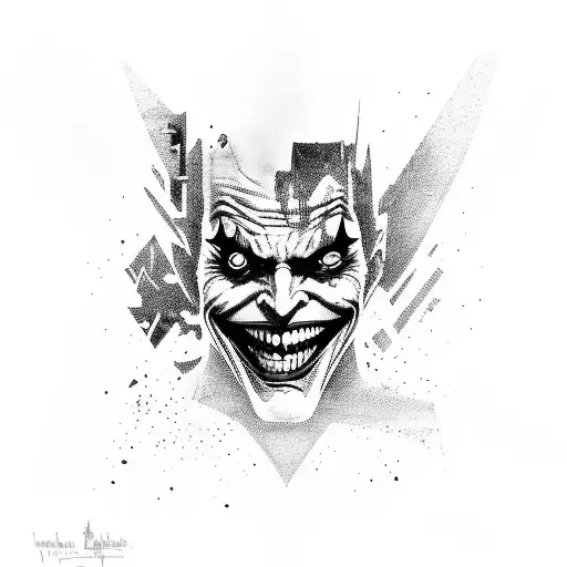 A blackwork design of the Joker and Batman's silhouettes in a chaotic cityscape tattoo design idea