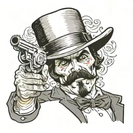 doc holliday with skull for face pointing gun with caption "say when" under western tattoo design idea