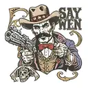 doc holliday with skull for face pointing gun with caption "say when" under western tattoo design idea