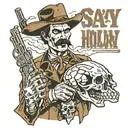 doc holliday with skull for face pointing gun with caption "say when" under western tattoo design idea
