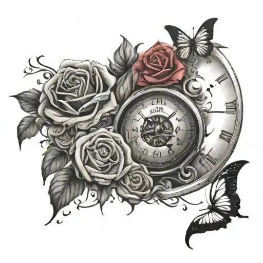 roses and butterflies and moon and japanese letters and clock tattoo design idea