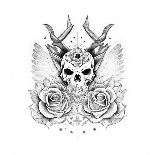 ángel armado con cuernos de demonio, con rosas y calaveras alrededor  tattoo design idea