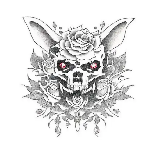 ángel armado con cuernos de demonio, con rosas y calaveras alrededor  tattoo design idea