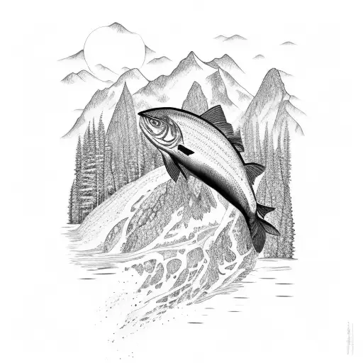 salmon with stream, forest, mountain scape growing off its back tattoo design idea