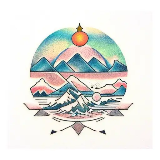 salmon with mountainscape  tattoo design idea