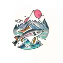 salmon with mountainscape  tattoo design idea
