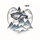 salmon with mountainscape  tattoo design idea