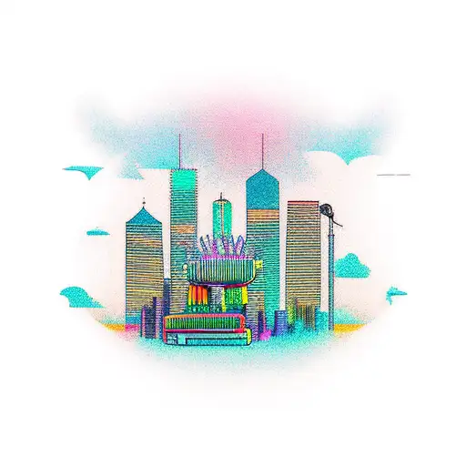 Create a tattoo design featuring a cyberpunk cityscape with a pop punk band performing on a rooftop tattoo design idea