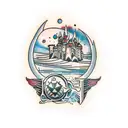 Combine the imagery of a medieval castle and a futuristic starship tattoo design idea