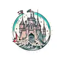 Combine the imagery of a medieval castle and a futuristic starship tattoo design idea