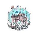 Combine the imagery of a medieval castle and a futuristic starship tattoo design idea