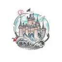 Combine the imagery of a medieval castle and a futuristic starship tattoo design idea