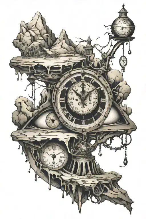Drippy,Trippy,Mechanical,Libre Scales,salvador dali,Clock,cracks,eye,mountain tattoo design idea