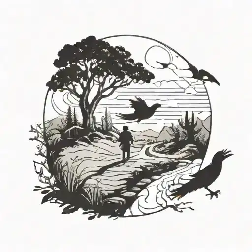 Create a tattoo of a nomadic person walking along a path and a crow flying near him. tattoo design idea