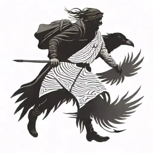 Create a tattoo of a nomadic person moving along a path, with the crow flying near him. The nomad wears a tattoo design idea