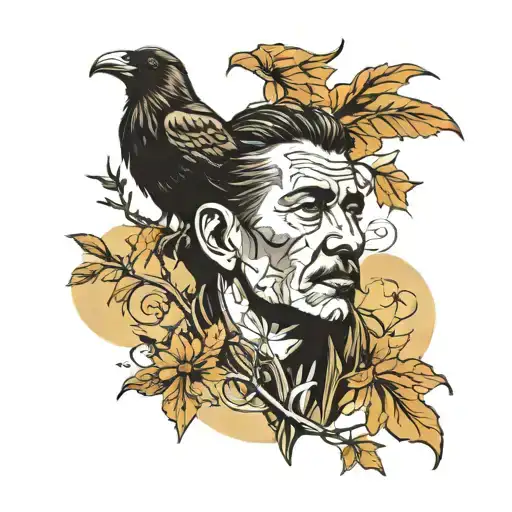 Create a tattoo of a nomadic person who advances along a path and a crow near him tattoo design idea