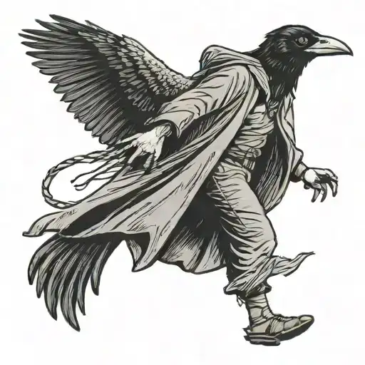 Create a tattoo of a nomadic person walking along a path and a crow flying near him. tattoo design idea