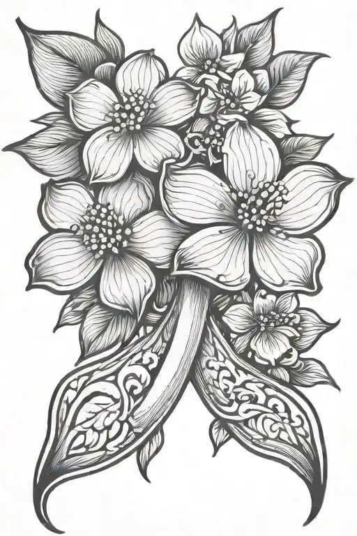 cancer ribbon and dogwood flower blooming tattoo design idea