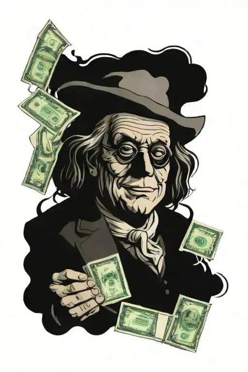 Benjamin Franklin with black mask on his face, holding a stack of cash with a quote, hustle in silence tattoo design idea