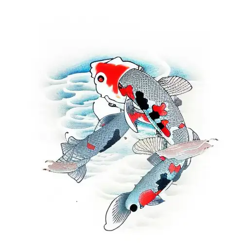 3 Koi swimming in between waves and a couple lily pads tattoo design idea