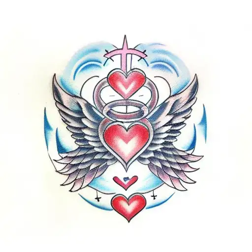 angels wings,heart in the middle ,halo on top of the heart tattoo design idea