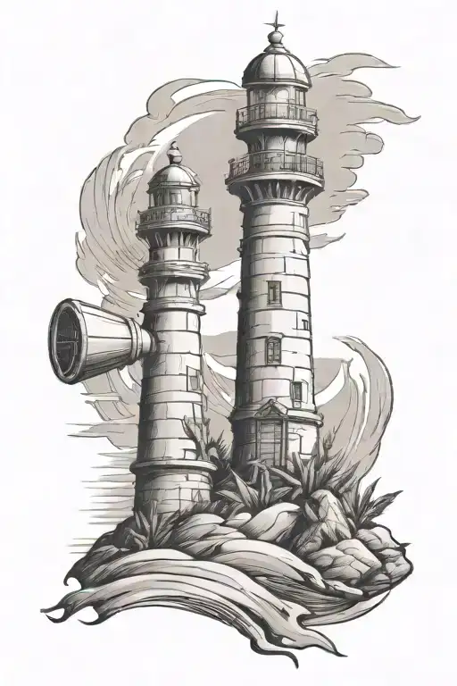 1 rook chess piece, number 12 and lighthouse, desert background. tattoo design idea