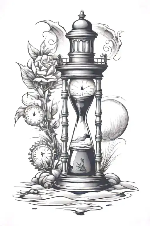 hourglass, 1 rook chess piece, number 12 and lighthouse, beach background. tattoo design idea
