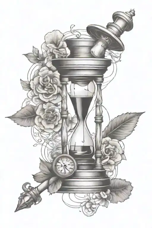 hourglass, 1 rook chess piece, number 12 and lighthouse, beach background. tattoo design idea