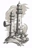 1 rook chess piece, number 12 and lighthouse, desert background. tattoo design idea