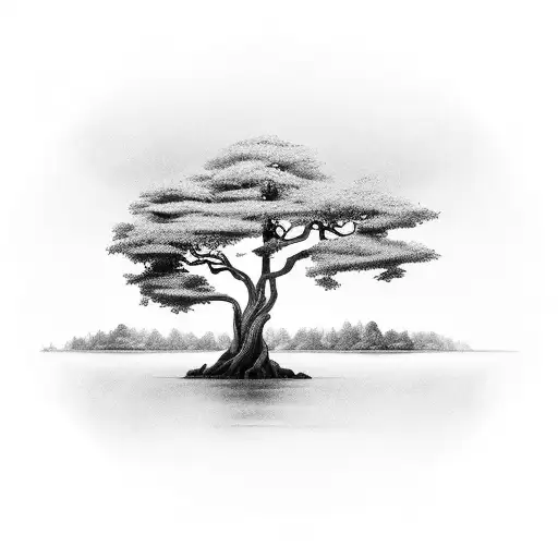 A black-grey tattoo featuring a serene forest landscape with a flowing river and a silhouette of a soldier standing tall, representing the connection between the military and the tranquility of nature. tattoo design idea