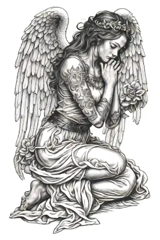 real girl kneeling angel tattoo design idea