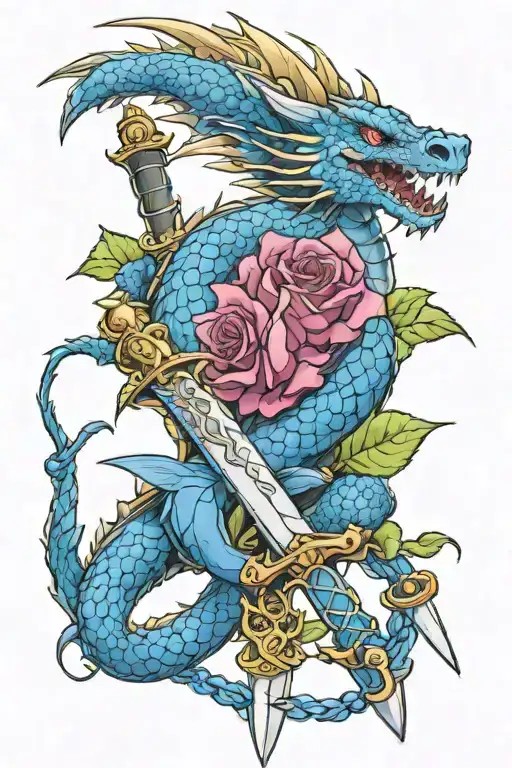 western dragon wrapped around a gothic sword surrounded by roses and sapphires tattoo design idea
