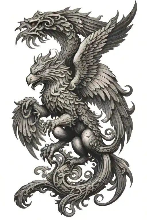 An intricate design of a mythical griffin, blending elements of both animals and warriors tattoo design idea
