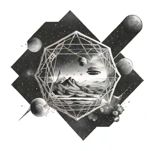 A dotwork illustration of the iconic Tesseract scene from Interstellar film, with a black and grey color scheme to create a mysterious atmosphere tattoo design idea