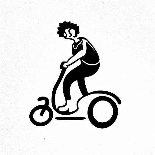 a guy with curls on a scooter driving through the mountains in South east asie tattoo design idea