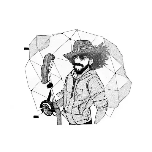 a guy with curls on a scooter driving through the mountains in South east asie tattoo design idea