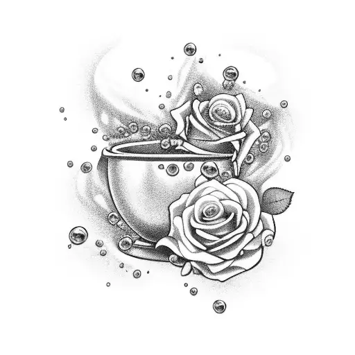 A black-grey tattoo of a witch's cauldron overflowing with roses and diamond-shaped bubbles tattoo design idea