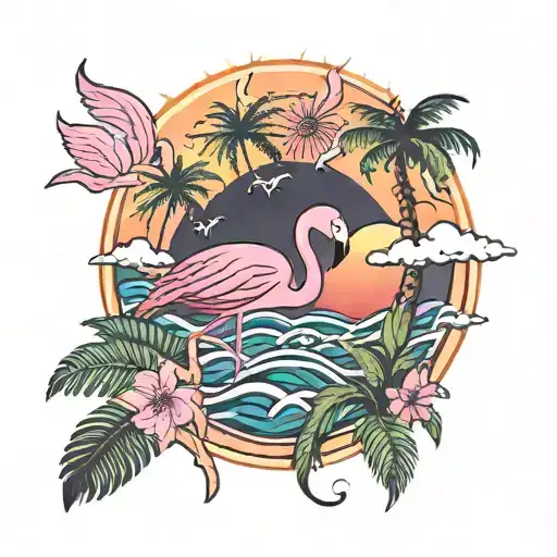 pink flamingo, waves, sun, palm tree tattoo design idea