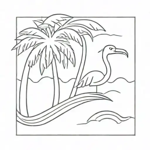 palm tree, waves, flamingo, sun, alligator tattoo design idea