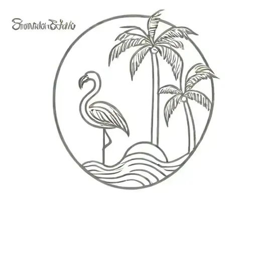 palm tree, waves, flamingo, sun tattoo design idea