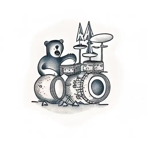 A bear playing a drum set in a lush forest setting tattoo design idea